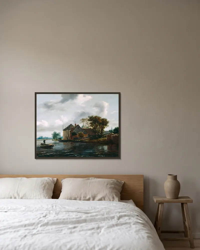 Bauernhof und Heuwagen an einem Fluss von Jacob van Ruisdael gerahmt an einer Wand