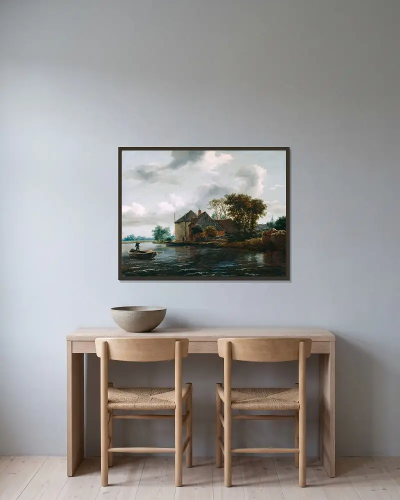Bauernhof und Heuwagen an einem Fluss von Jacob van Ruisdael gerahmt an einer Wand