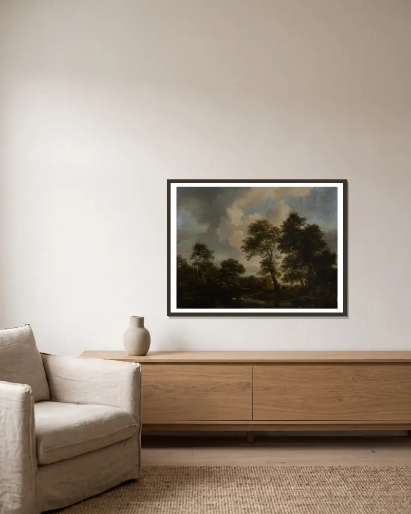 Waldsee mit zwei Schwänen von Jacob van Ruisdael gerahmt an einer Wand