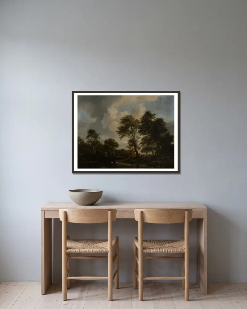 Waldsee mit zwei Schwänen von Jacob van Ruisdael gerahmt an einer Wand