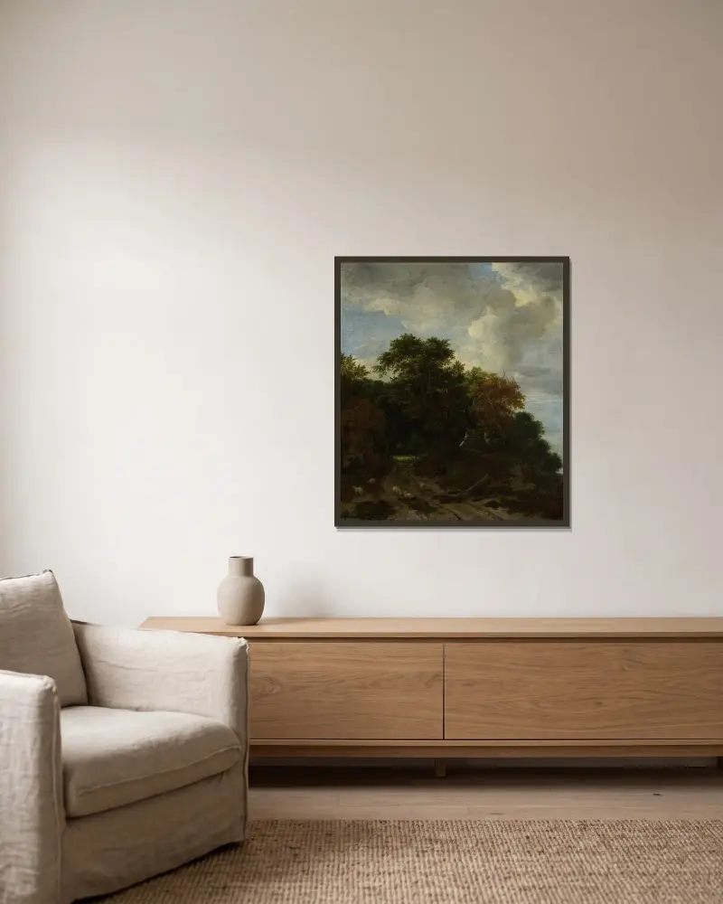 Skogslandskap av Jacob van Ruisdael inramad på en vägg