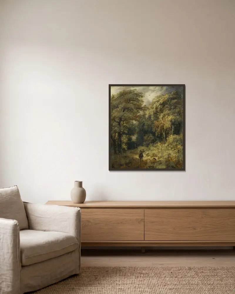 Skogsstig med promenerande människor av Jacob van Ruisdael inramad på en vägg