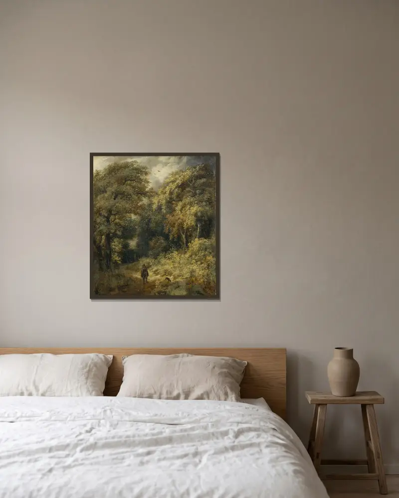 Skogsstig med promenerande människor av Jacob van Ruisdael inramad på en vägg