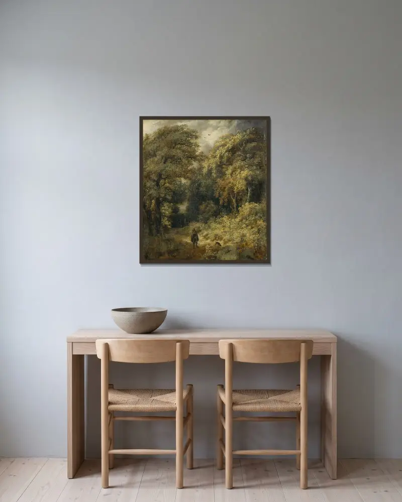 Skogsstig med promenerande människor av Jacob van Ruisdael inramad på en vägg