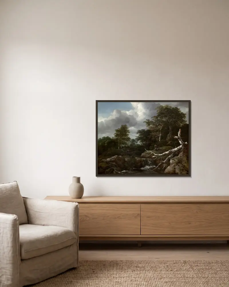 Skogsscen av Jacob van Ruisdael inramad på en vägg