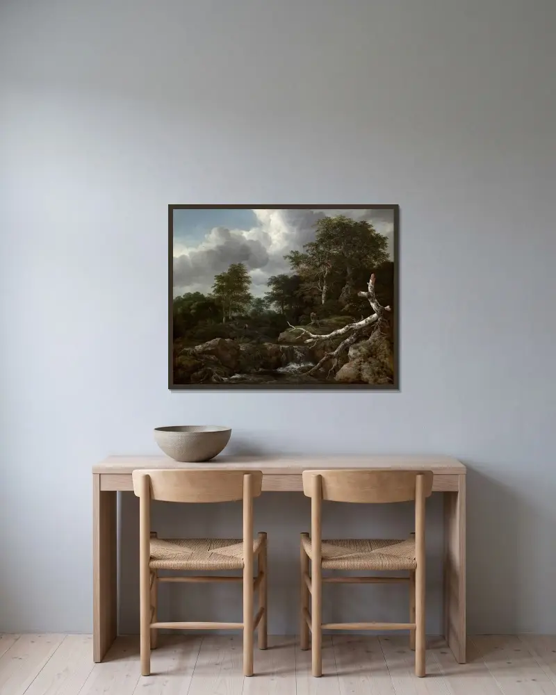 Skogsscen av Jacob van Ruisdael inramad på en vägg