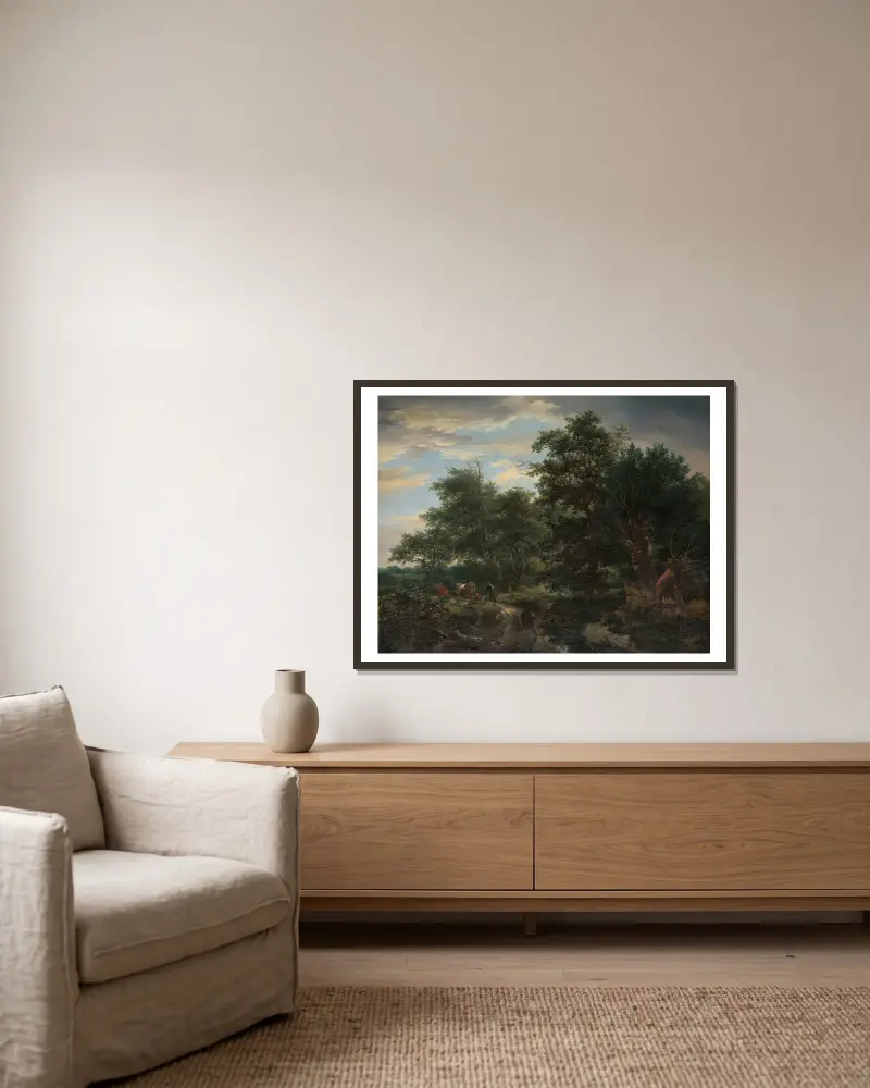 Lesní scéna, Jacob van Ruisdael v rámu na stěně