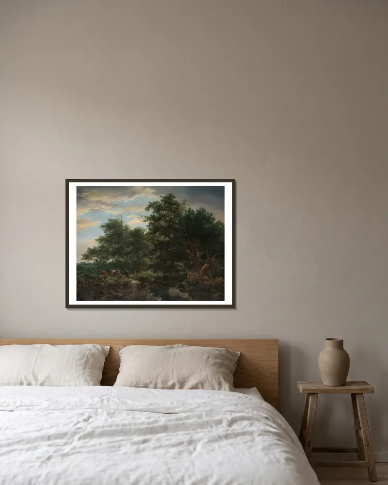Lesní scéna, Jacob van Ruisdael v rámu na stěně