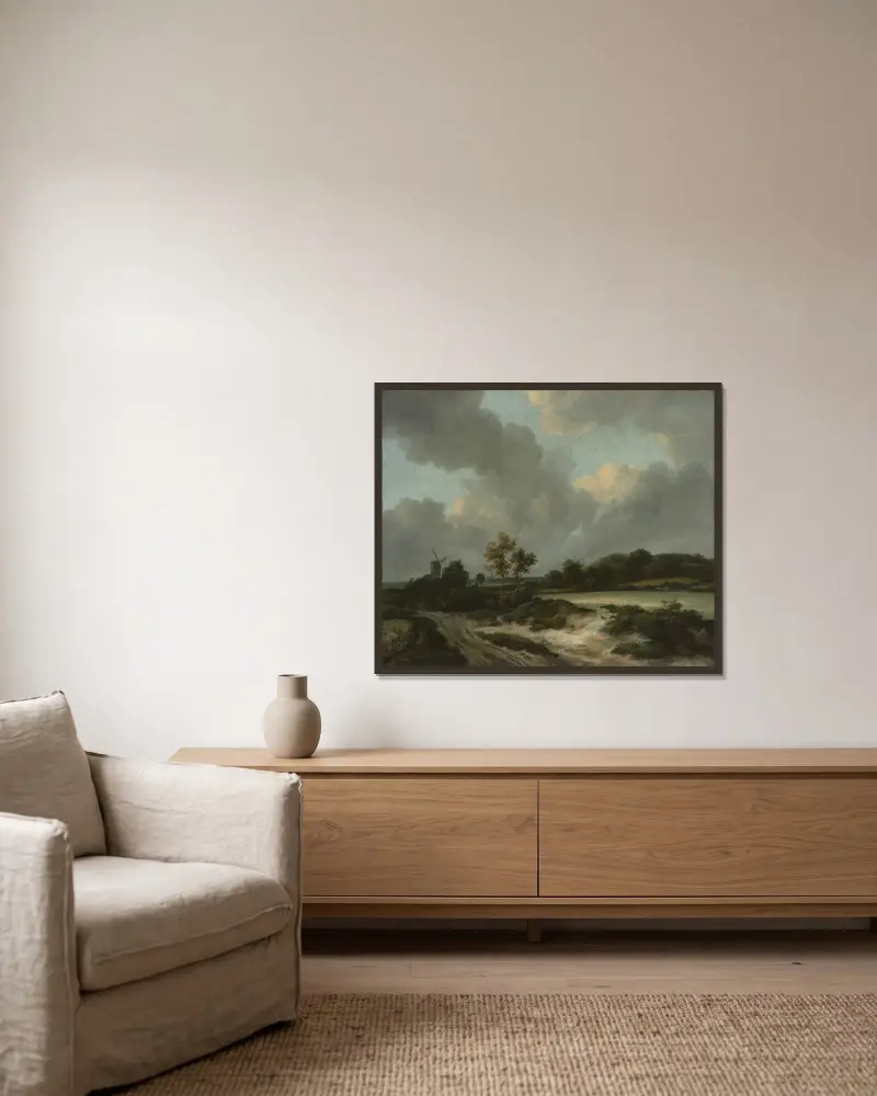 Sädesfält av Jacob van Ruisdael inramad på en vägg