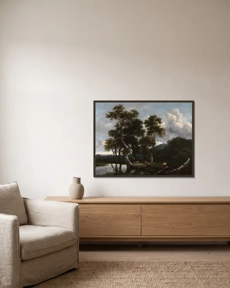 Große Baumgruppe am Wasser von Jacob van Ruisdael gerahmt an einer Wand
