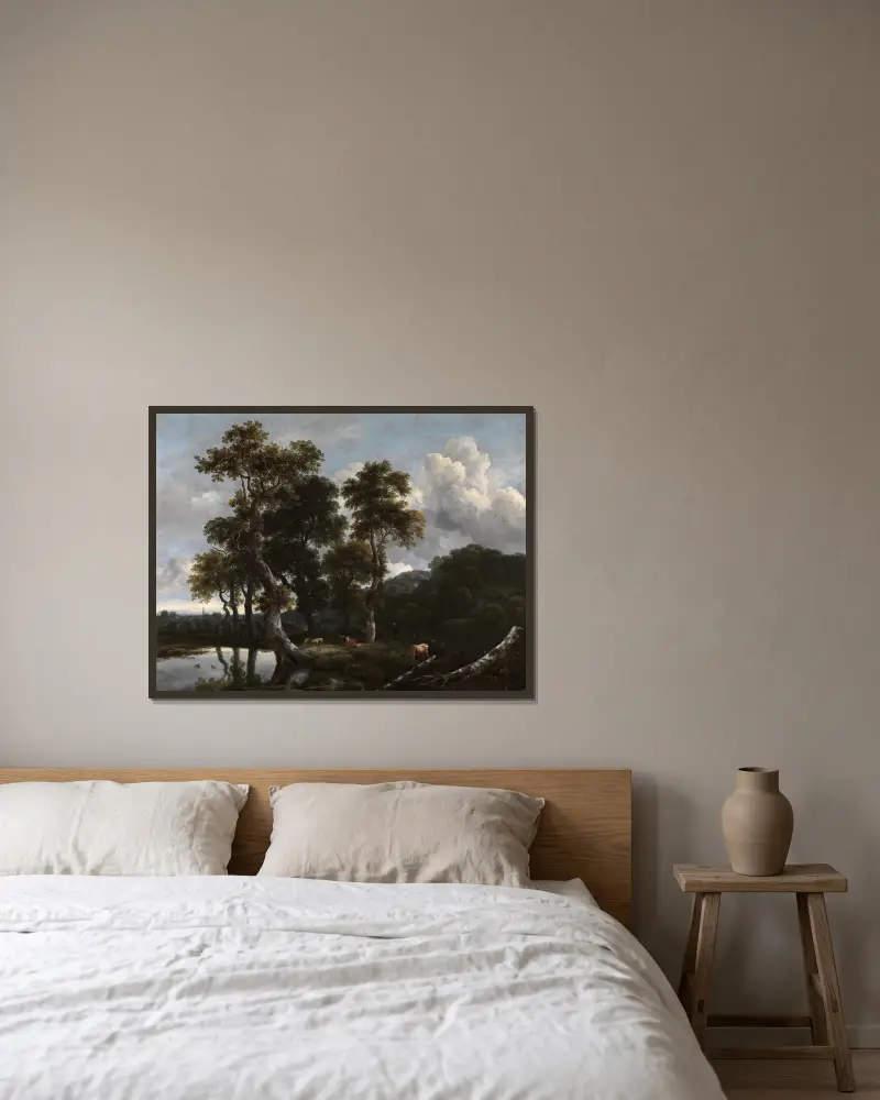 Große Baumgruppe am Wasser von Jacob van Ruisdael gerahmt an einer Wand