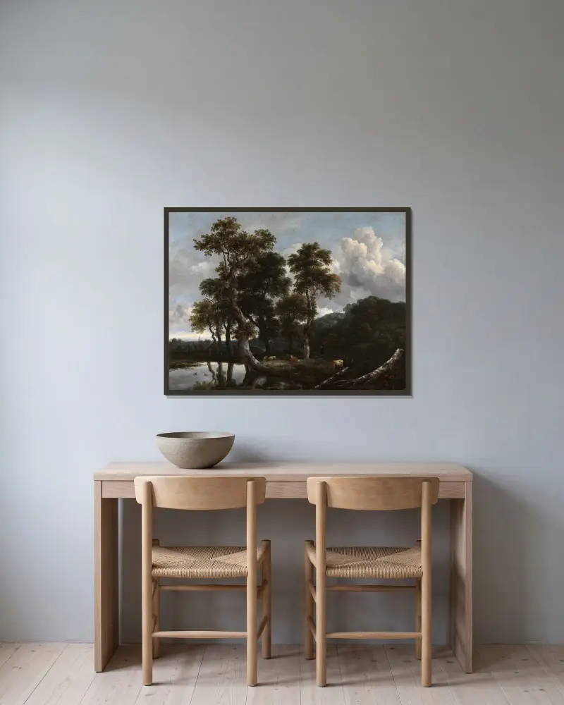 Große Baumgruppe am Wasser von Jacob van Ruisdael gerahmt an einer Wand