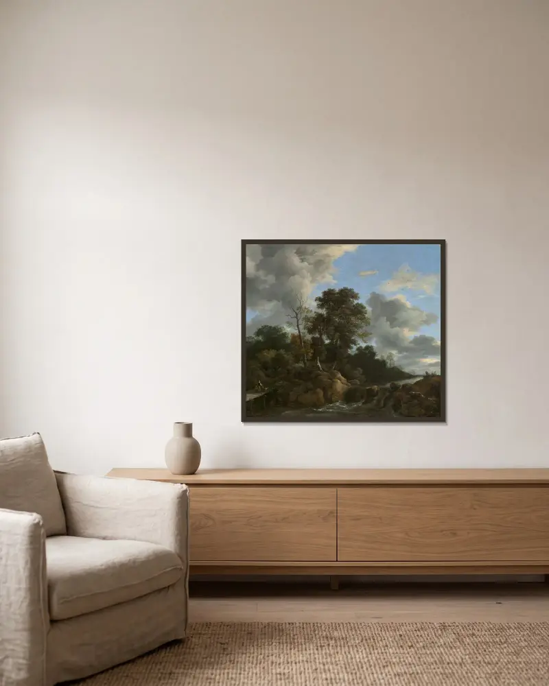 Landskap av Jacob van Ruisdael inramad på en vägg