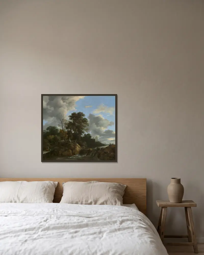 Landskap av Jacob van Ruisdael inramad på en vägg