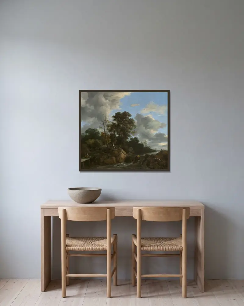 Landskap av Jacob van Ruisdael inramad på en vägg