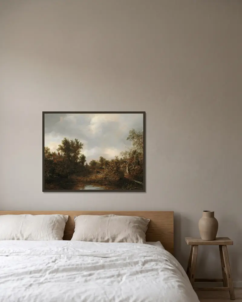 Landscape av Jacob van Ruisdael inramad på en vägg