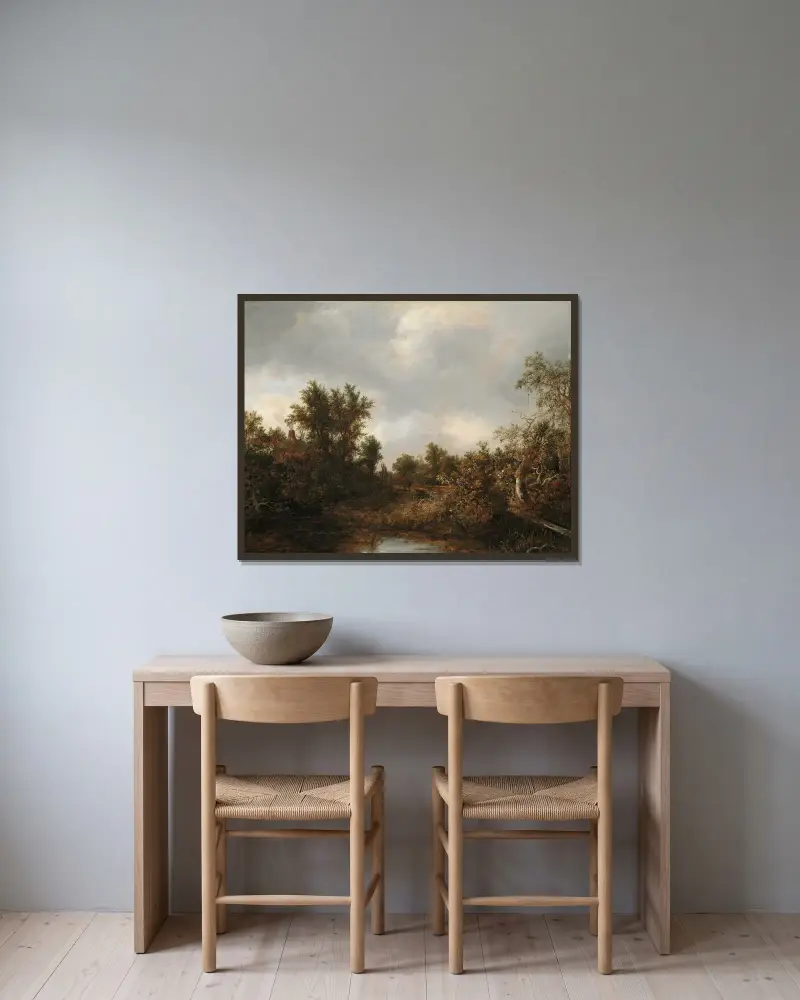 Landscape av Jacob van Ruisdael inramad på en vägg