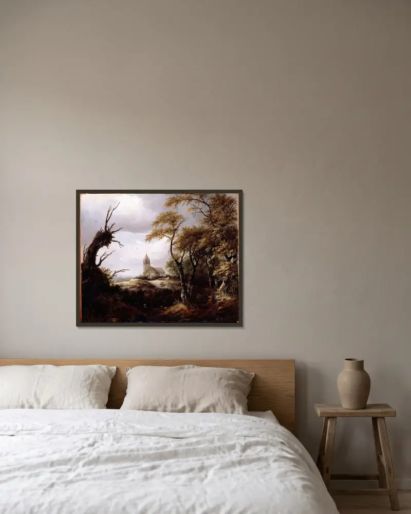 Landskap med kyrka av Jacob van Ruisdael inramad på en vägg