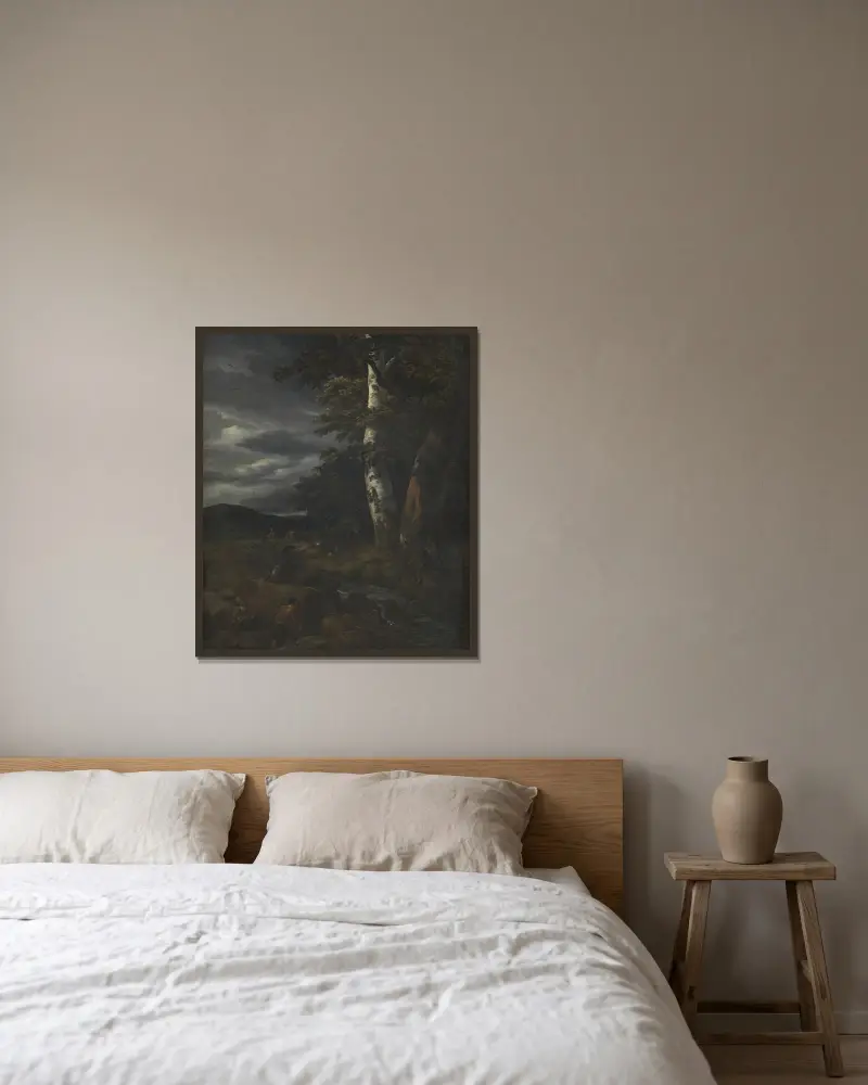 Landskap med jaktscen av Jacob van Ruisdael inramad på en vägg