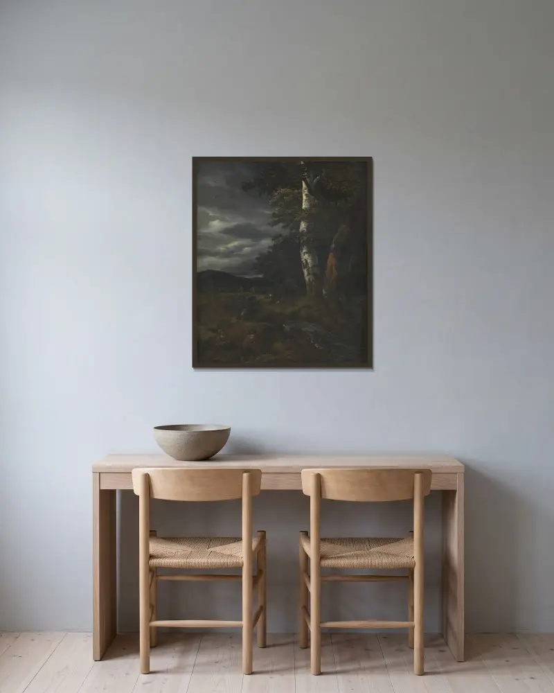 Landskap med jaktscen av Jacob van Ruisdael inramad på en vägg