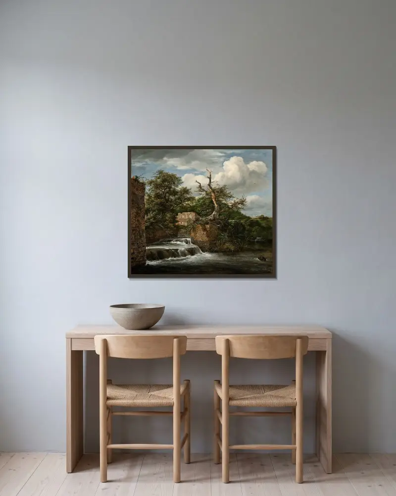 Landskap med kvarnränna och ruiner av Jacob van Ruisdael inramad på en vägg