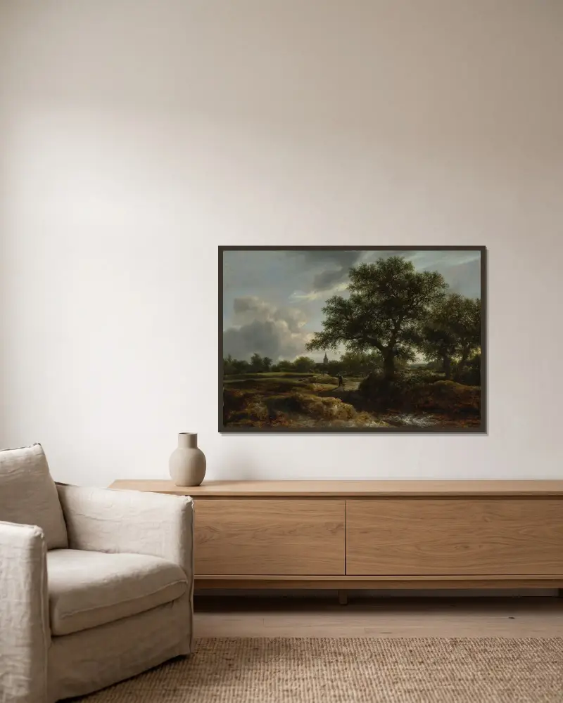 Landskap med by i fjärran av Jacob van Ruisdael inramad på en vägg