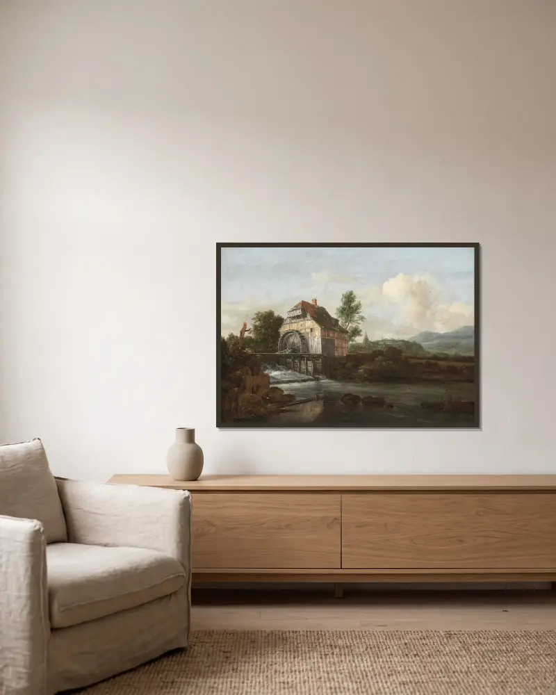 Landskap med vattenkvarn av Jacob van Ruisdael inramad på en vägg