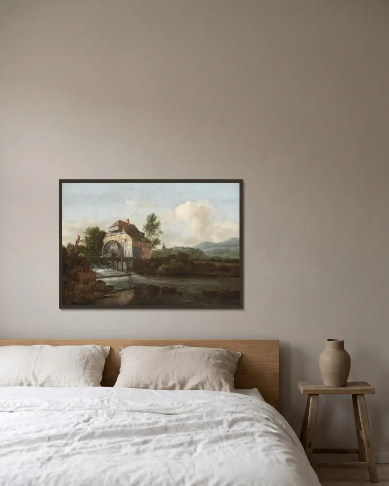 Landskap med vattenkvarn av Jacob van Ruisdael inramad på en vägg