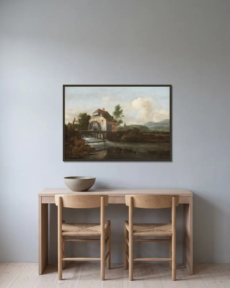Landskap med vattenkvarn av Jacob van Ruisdael inramad på en vägg