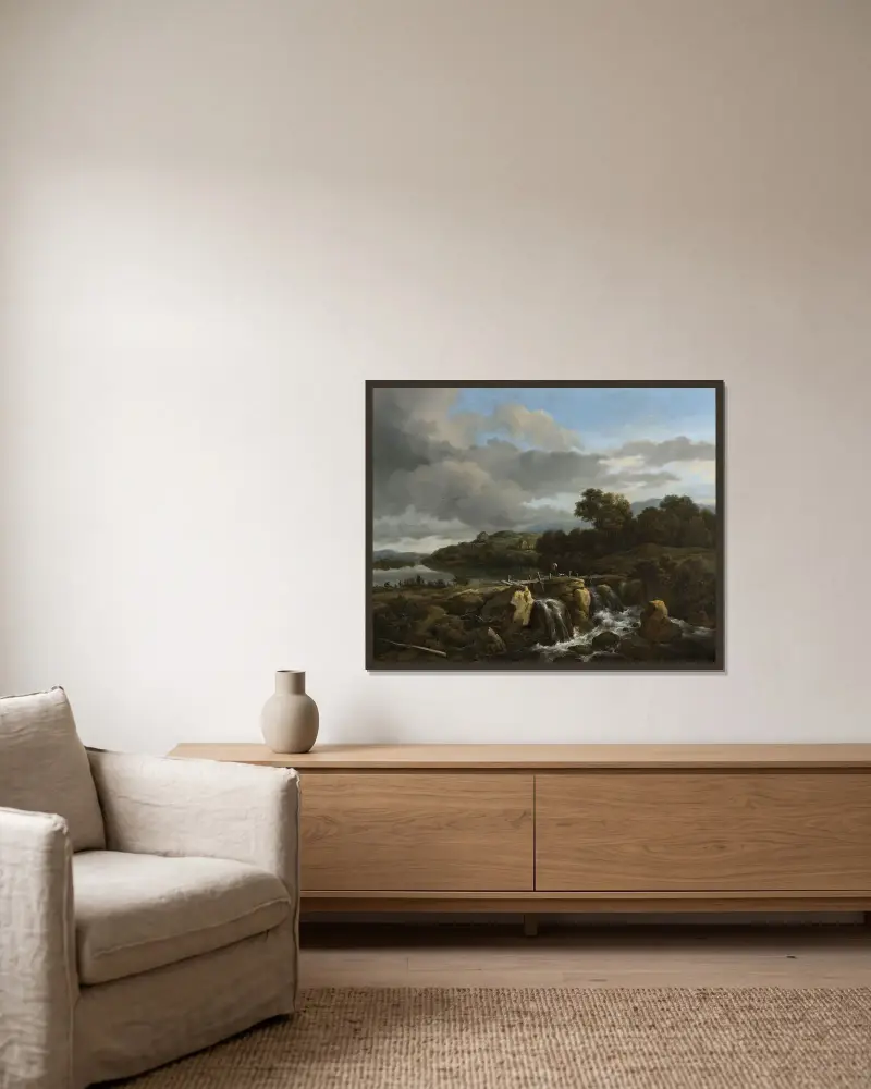 Landskap med vattenfall av Jacob van Ruisdael inramad på en vägg