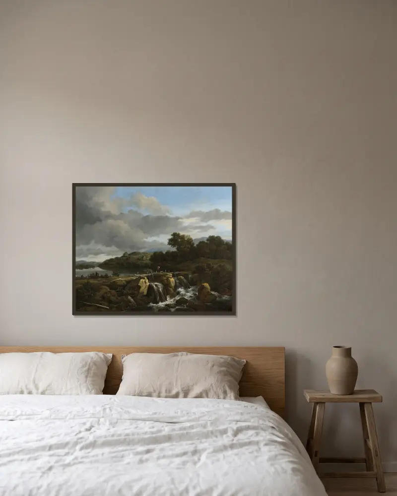 Landskap med vattenfall av Jacob van Ruisdael inramad på en vägg