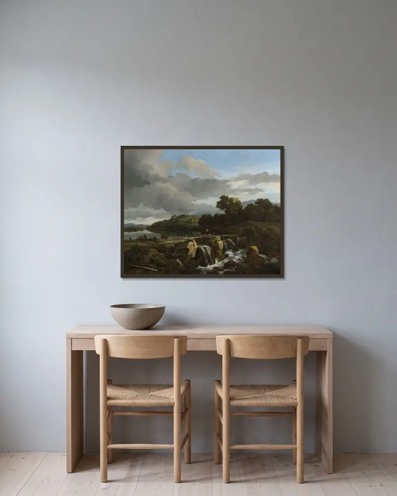Landskap med vattenfall av Jacob van Ruisdael inramad på en vägg