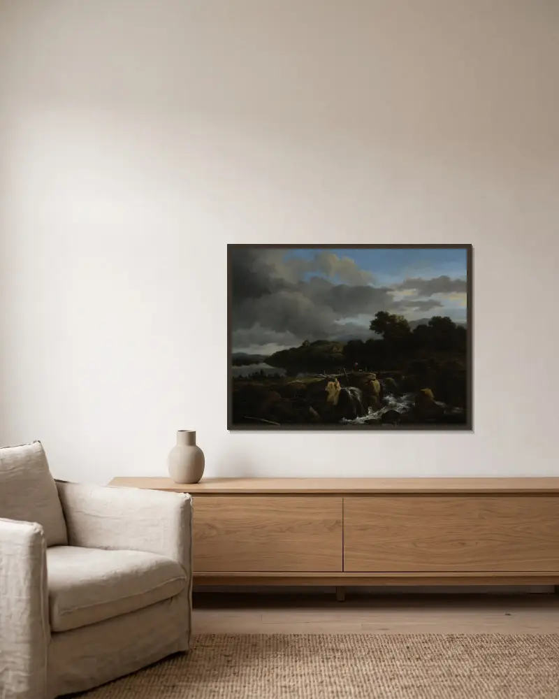 Krajina s kaskádou, Jacob van Ruisdael v rámu na stěně