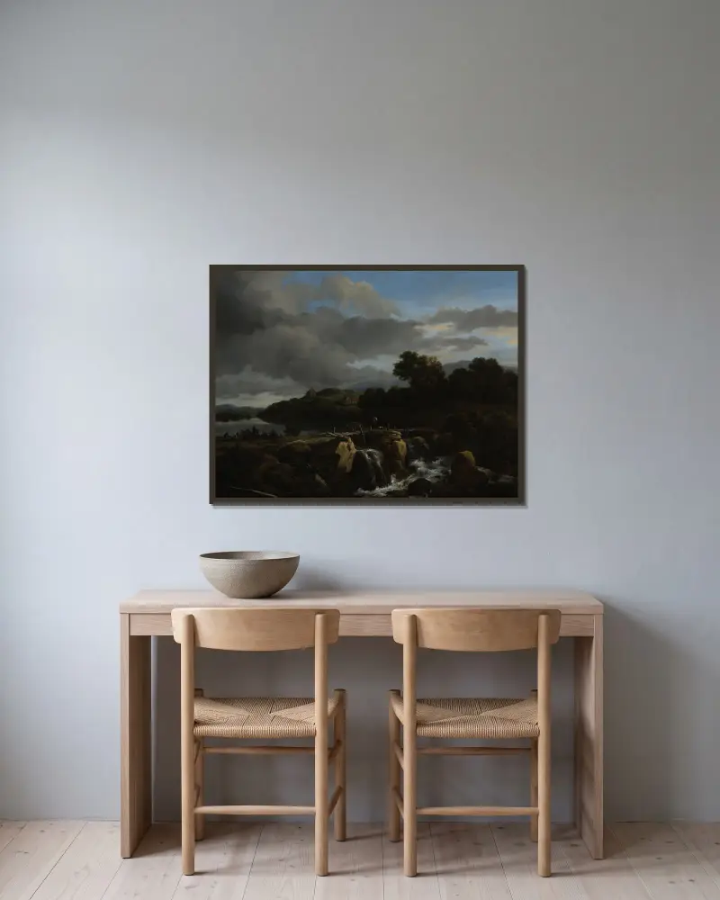 Krajina s kaskádou, Jacob van Ruisdael v rámu na stěně