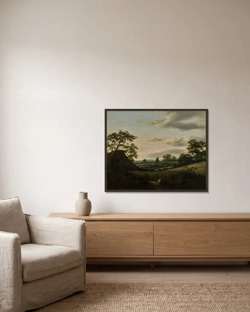 Landskap med sädesfält och ett halmtakslada av Jacob van Ruisdael inramad på en vägg