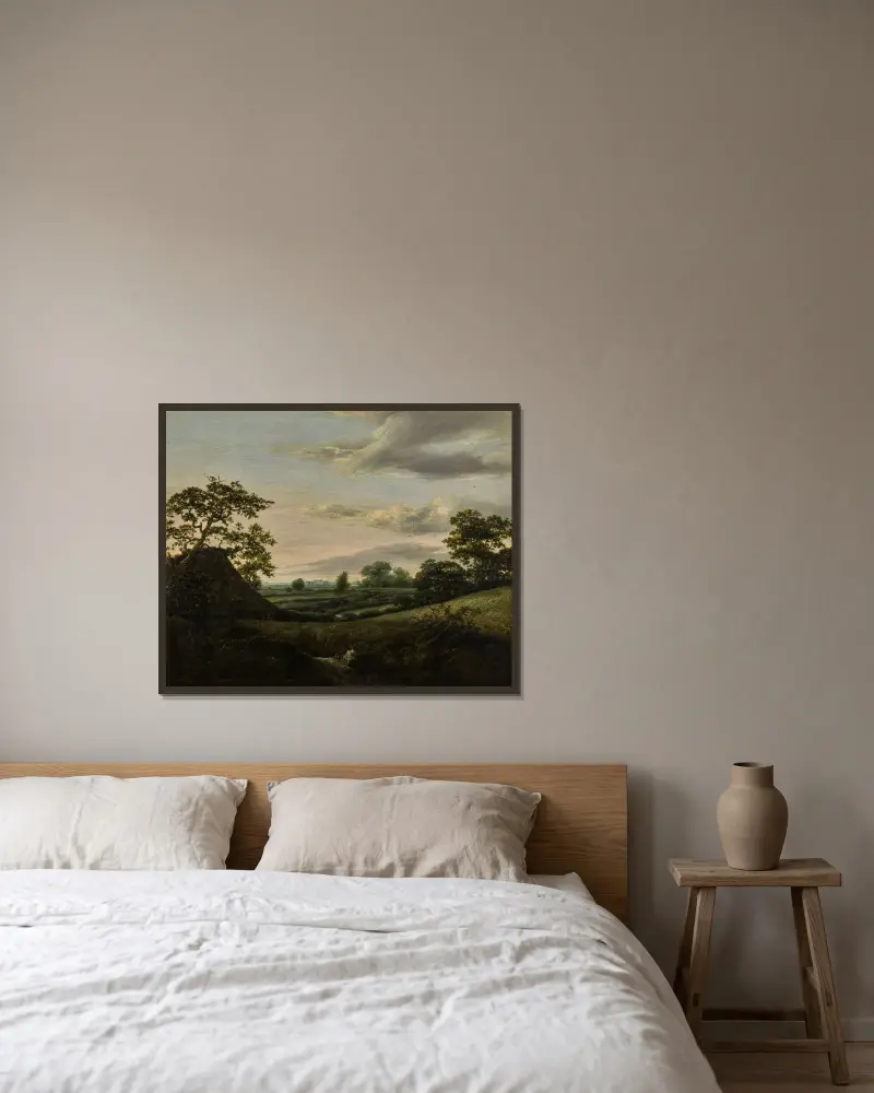 Landskap med sädesfält och ett halmtakslada av Jacob van Ruisdael inramad på en vägg