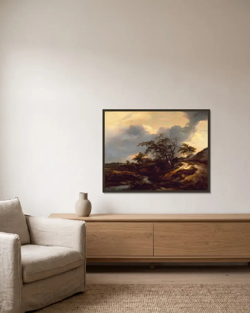 Landskap med sanddyner av Jacob van Ruisdael inramad på en vägg