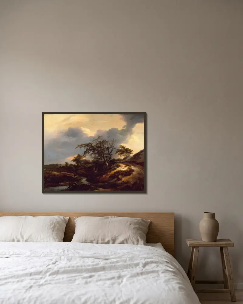 Landskap med sanddyner av Jacob van Ruisdael inramad på en vägg