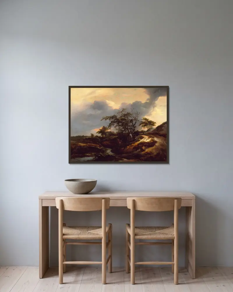 Landskap med sanddyner av Jacob van Ruisdael inramad på en vägg