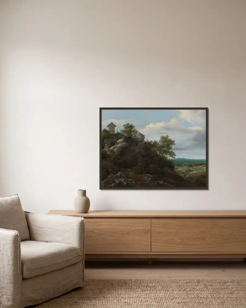 Landskap med hus på en klippig kulle och utsikt över en slätt av Jacob van Ruisdael inramad på en vägg