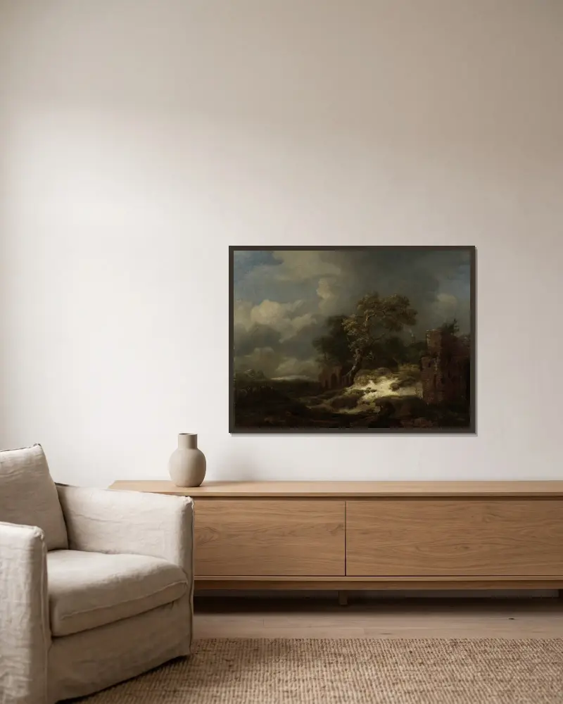 Krajina se zříceninou, Jacob van Ruisdael v rámu na stěně