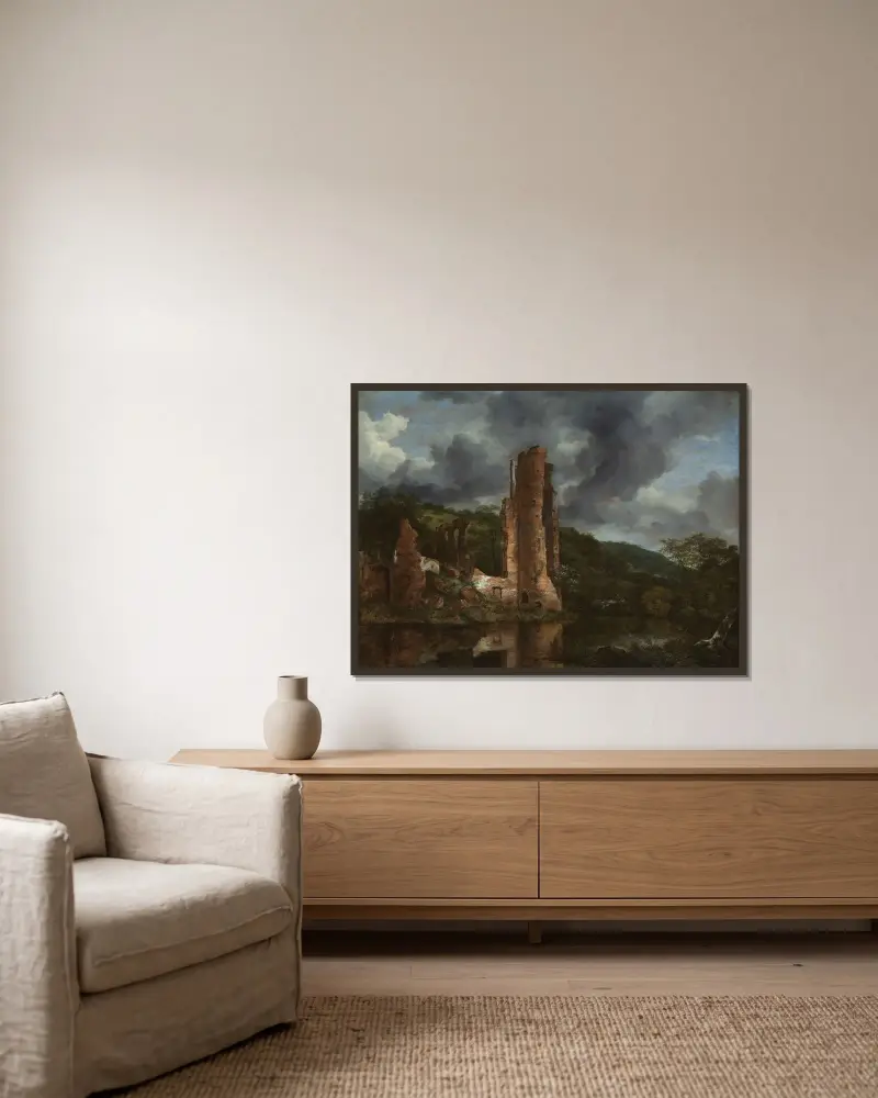 Landschaft mit den Ruinen des Schlosses Egmond von Jacob van Ruisdael gerahmt an einer Wand