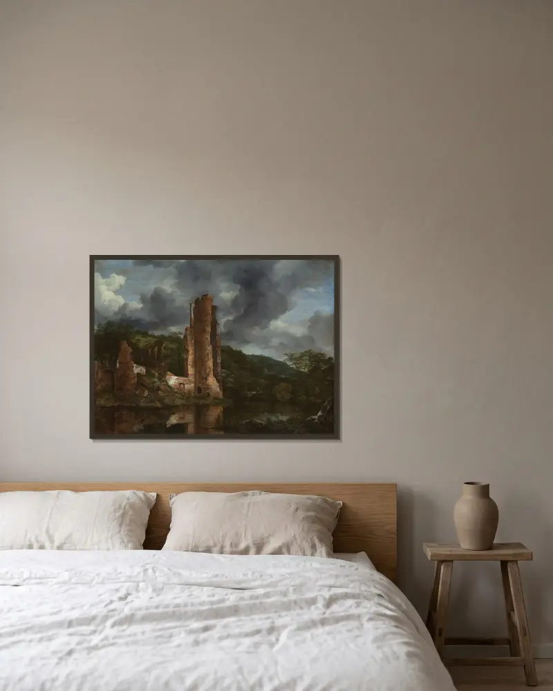 Landschaft mit den Ruinen des Schlosses Egmond von Jacob van Ruisdael gerahmt an einer Wand