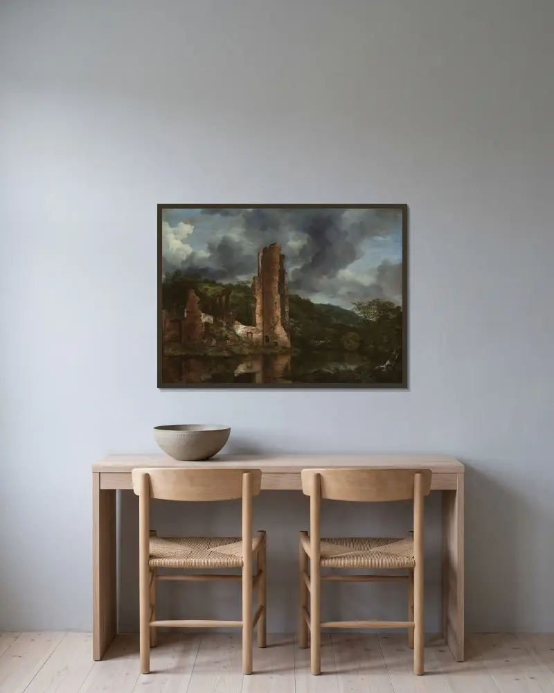 Landschaft mit den Ruinen des Schlosses Egmond von Jacob van Ruisdael gerahmt an einer Wand