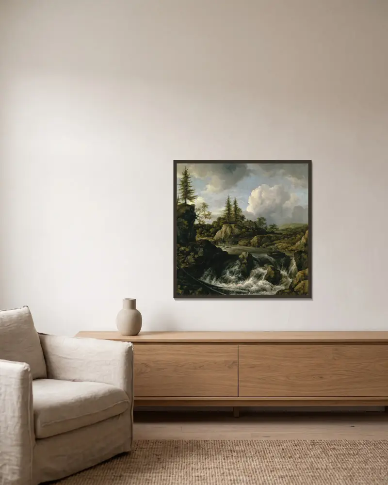 Krajina s vodopádem – Nr. 1, Jacob van Ruisdael v rámu na stěně