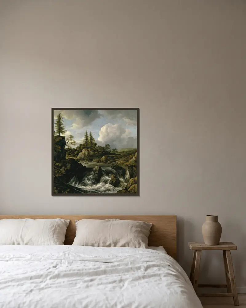 Krajina s vodopádem – Nr. 1, Jacob van Ruisdael v rámu na stěně