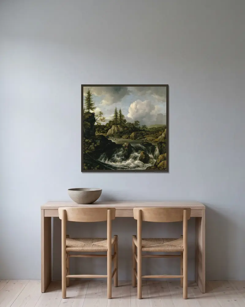 Krajina s vodopádem – Nr. 1, Jacob van Ruisdael v rámu na stěně