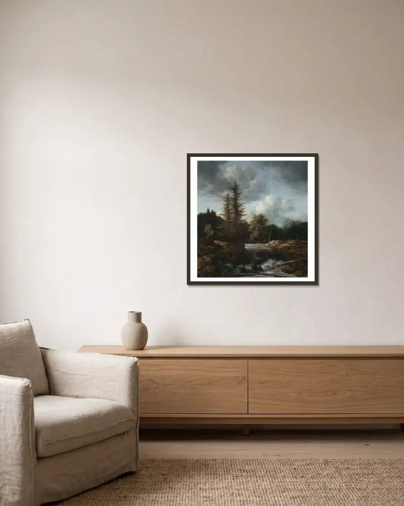 Landschaft mit Wasserfall, 1660 von Jacob van Ruisdael gerahmt an einer Wand