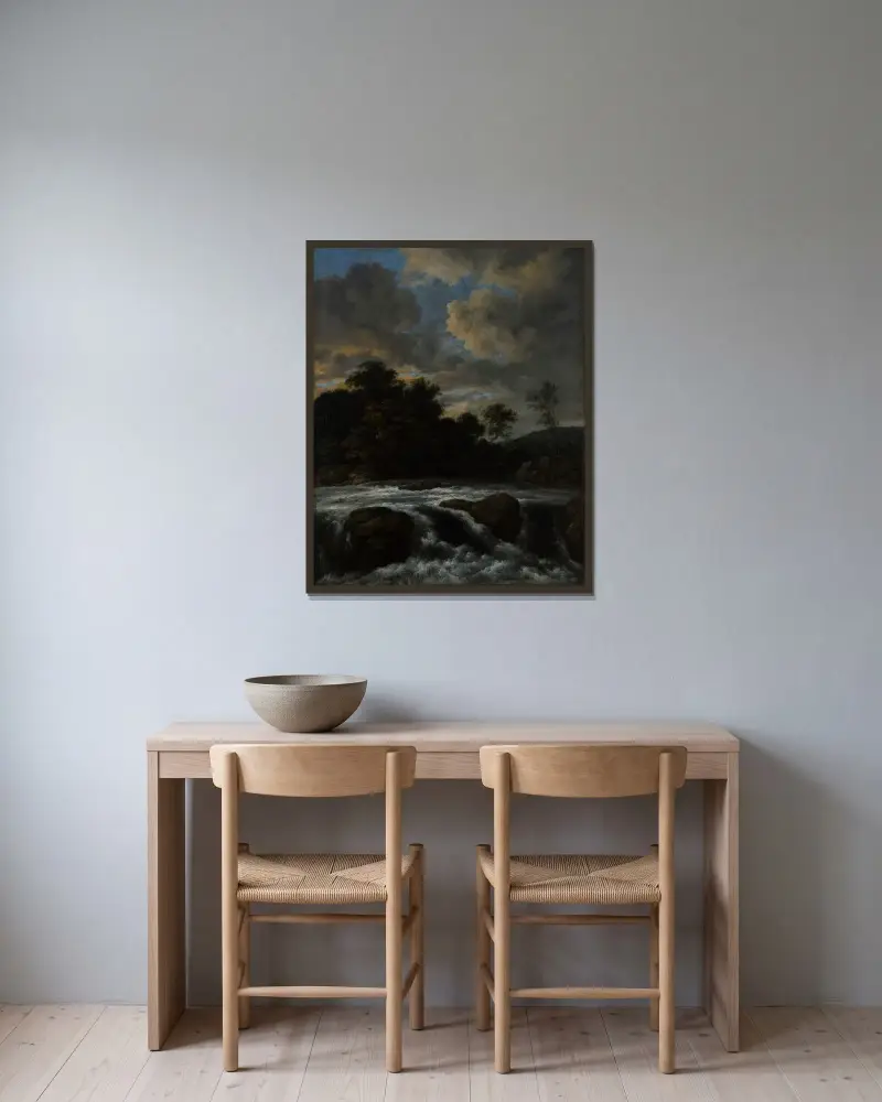 Landskap med vattenfall av Jacob van Ruisdael inramad på en vägg