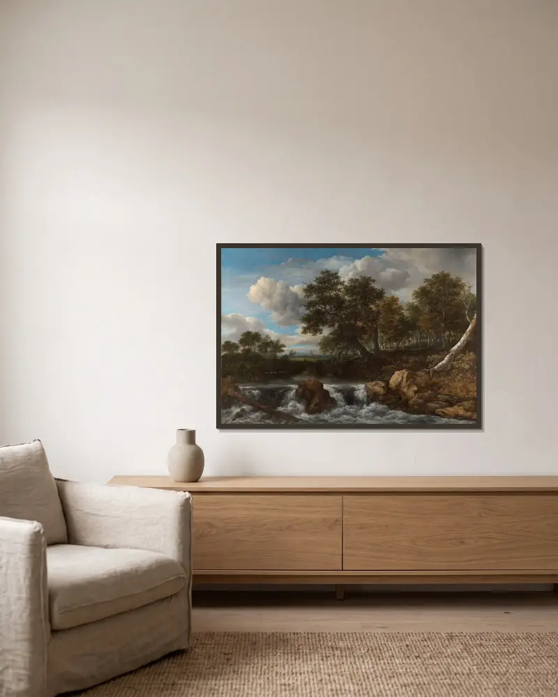 Landschaft mit Wasserfall, 1668 von Jacob van Ruisdael gerahmt an einer Wand